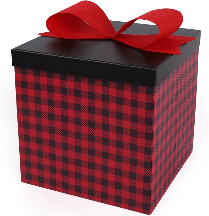 LaRibbons Large Christmas Gift Boxes with Lids,10x10x10 Inches Buffalo Plaid Design Folding Square Gift Boxes for Christmas Decorative,Xmas,Present,Storage,Red and Black - Image 1